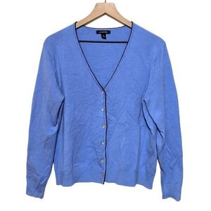 Lands' End Womens Button Up Cardigan Sweater Size L Blue V Neck Acrylic Nylon